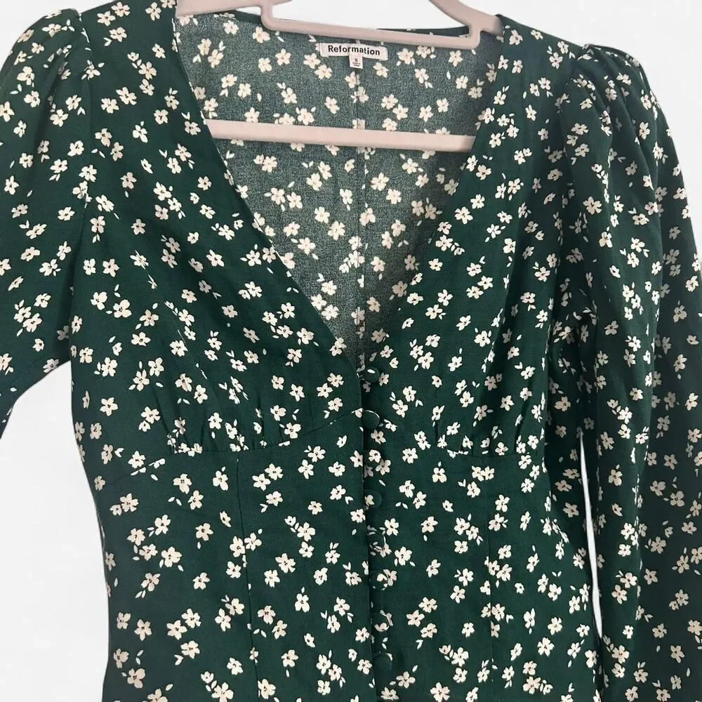 Reformation Nell Top in Annette Green Floral – Cottage Romance Blouse Small